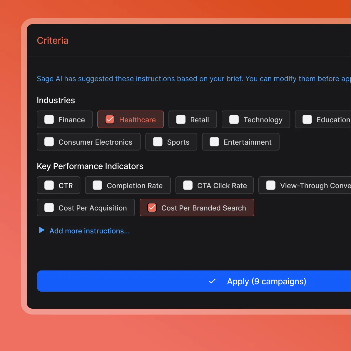 Sage AI-generated campaign criteria builder
