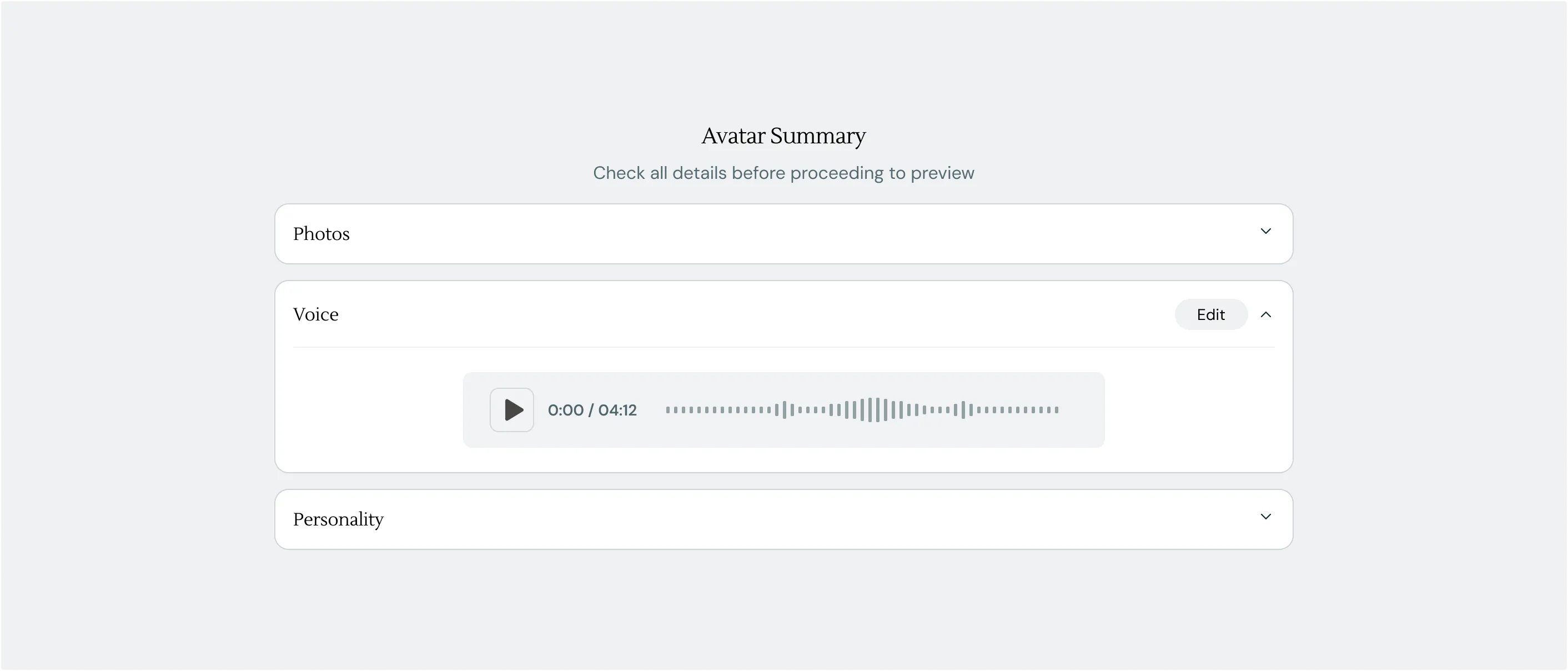 Your Avatar summary review before preview